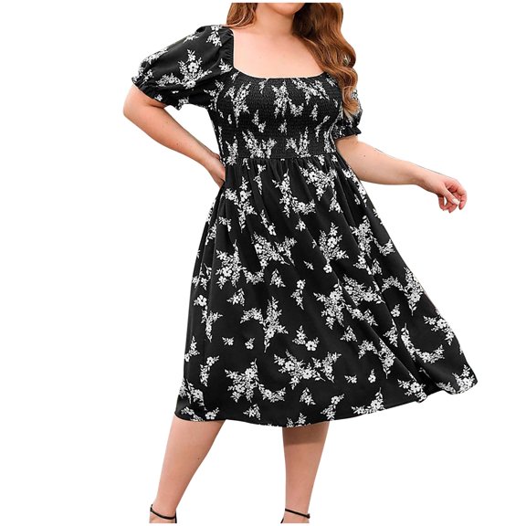 Mingw Womens Maxi Dresses Puff Sleeve Long Loose Fit Casual Dresses Square Neck Floral Elegant Flowy Wedding Guest Dress ,XL,Black