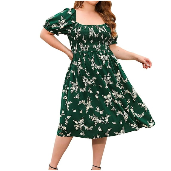 Mingw Womens Maxi Dresses Puff Sleeve Long Loose Fit Casual Dresses Square Neck Floral Elegant Flowy Wedding Guest Dress ,XL,Green