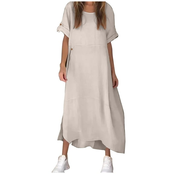 Mingw Womens Maxi Dresses Puff Sleeve Long Loose Fit Casual Dresses V Neck Plain Elegant Flowy Wedding Guest Dress ,L,Beige