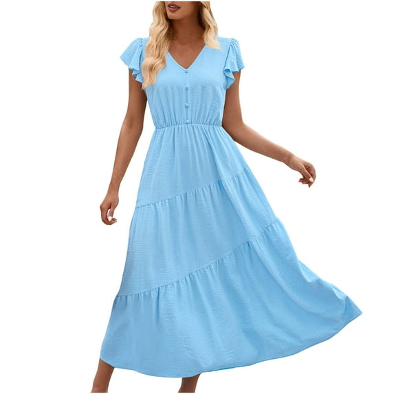 Mingw Womens Maxi Dresses Puff Sleeve Long Loose Fit Casual Dresses V Neck Plain Elegant Flowy Wedding Guest Dress ,M,Blue