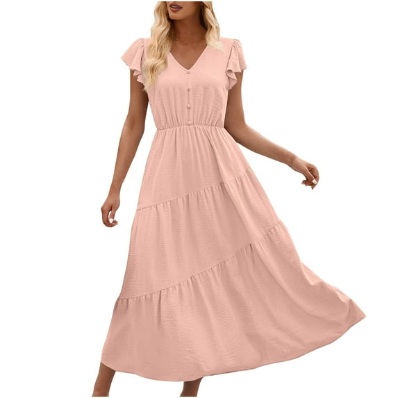 Mingw Womens Maxi Dresses Puff Sleeve Long Loose Fit Casual Dresses V Neck Plain Elegant Flowy Wedding Guest Dress ,M,Pink