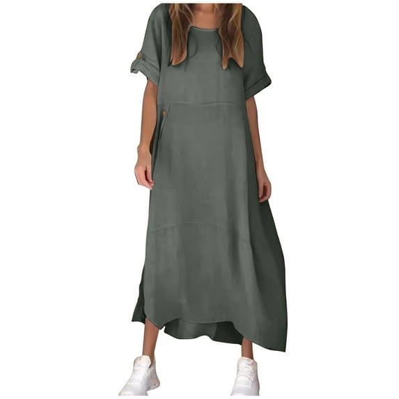 Mingw Womens Maxi Dresses Puff Sleeve Long Loose Fit Casual Dresses V Neck Plain Elegant Flowy Wedding Guest Dress ,S,Green