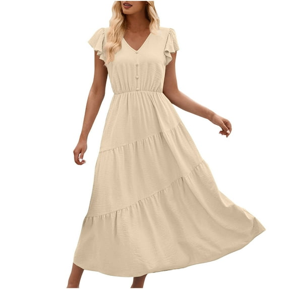 Mingw Womens Maxi Dresses Puff Sleeve Long Loose Fit Casual Dresses V Neck Plain Elegant Flowy Wedding Guest Dress ,XL,White