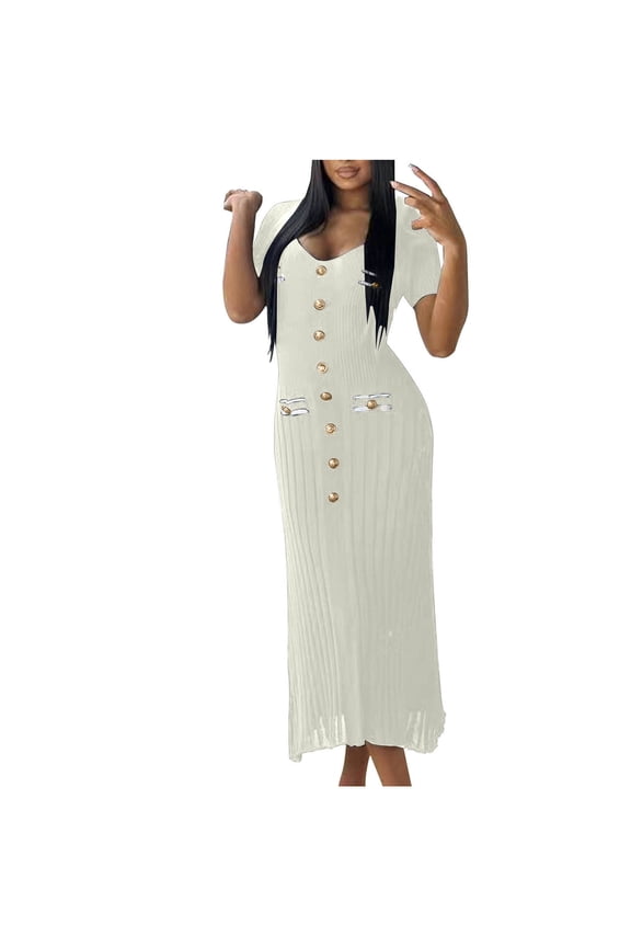 Womens Maxi Dresses Short Sleeve Long Casual Dresses Slim Fit Pleated Ribbed Plain Elegant Flowy Wedding Guest Dress ,S,White