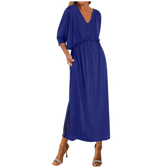 Mingw Womens Maxi Dresses Short Sleeve Long High Side Slit Casual Dresses Loose Plain Elegant Flowy Wedding Guest Dress ,L,Blue