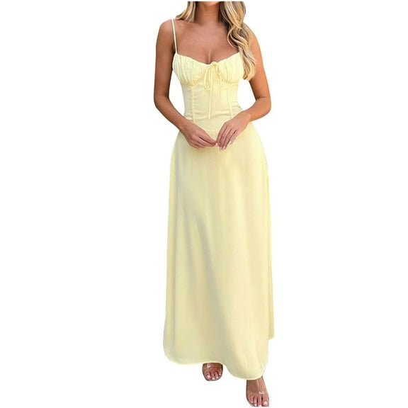 Mingw Womens Maxi Dresses Spaghetti Strap Long Casual Dresses Loose Plain Elegant Flowy Wedding Guest Dress ,3XL,Yellow