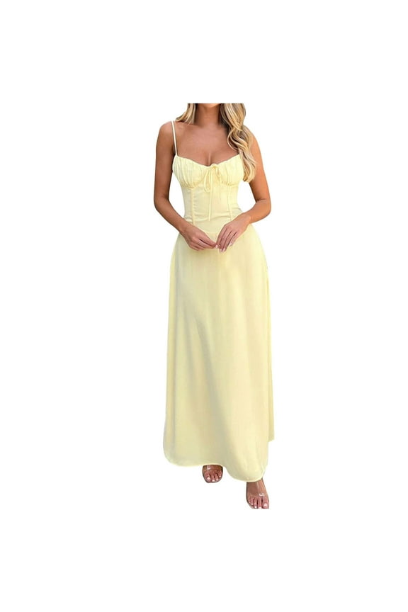 Womens Maxi Dresses Spaghetti Strap Long Casual Dresses Loose Plain Elegant Flowy Wedding Guest Dress ,3XL,Yellow