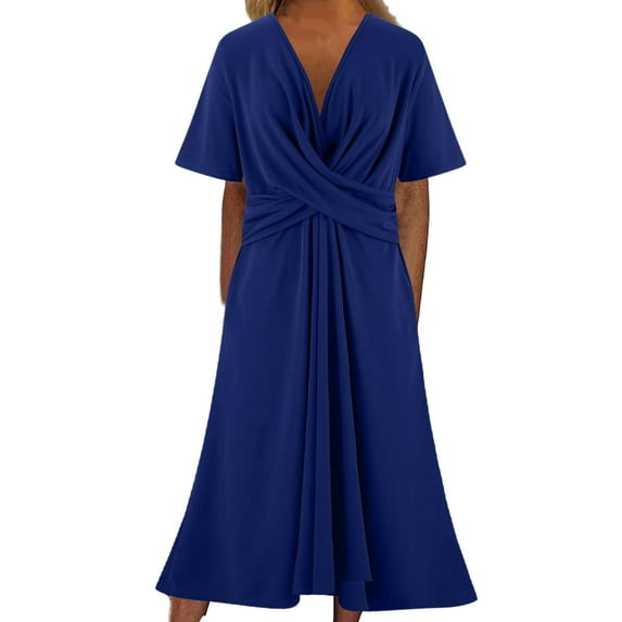 Mingw Womens Maxi Dresses V Neck Ruffle Long Casual Dresses Loose Plain Elegant Flowy Wedding Guest Dress ,M,Blue