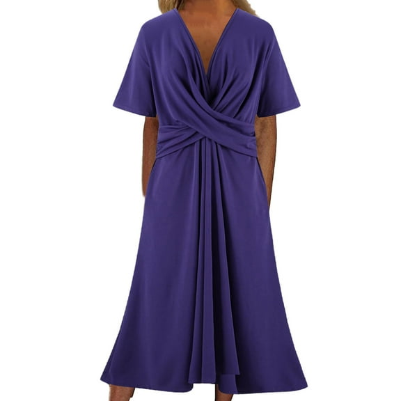 Mingw Womens Maxi Dresses V Neck Ruffle Long Casual Dresses Loose Plain Elegant Flowy Wedding Guest Dress ,M,Purple