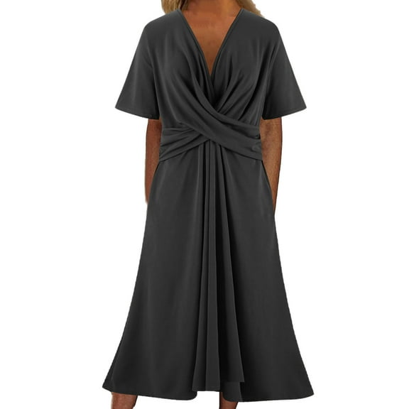 Mingw Womens Maxi Dresses V Neck Ruffle Long Casual Dresses Loose Plain Elegant Flowy Wedding Guest Dress ,XL,Black