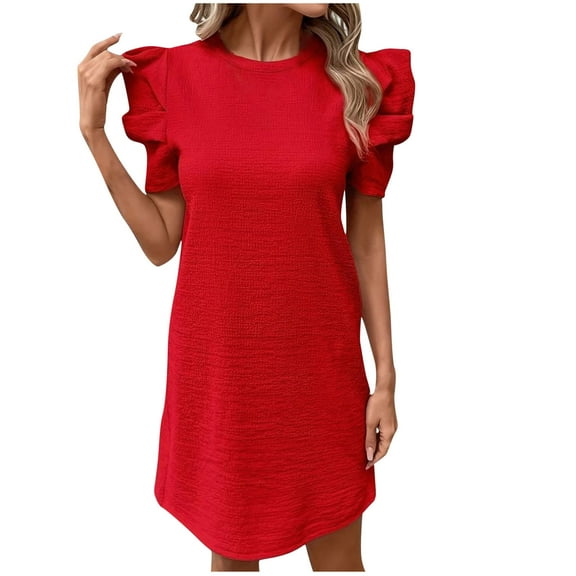 Mingw Womens Midi Dress Summer Short Sleeve Babydoll for Women Classic Sundress Tiered Pleated Swing Flowy Loose Beach Casual Smocked ,L,Red