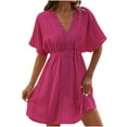 thumbnail image 1 of Mingw Womens Midi Dress Summer Short Sleeve Babydoll for Women Classic Sundress Tiered Pleated Swing Flowy Loose Beach Casual Smocked ,M,Hot Pink, 1 of 5