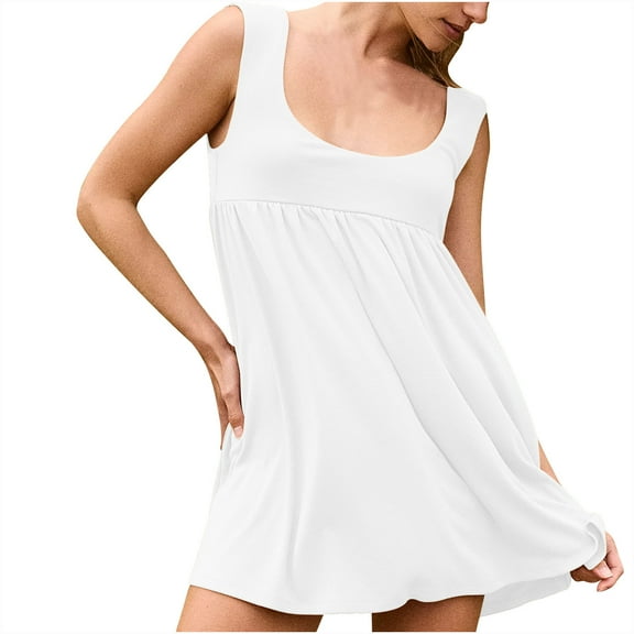Mingw Womens Midi Dress Summer Sleeveless Babydoll for Women Classic Sundress Tiered Pleated Swing Flowy Loose Beach Casual Smocked ,M,White