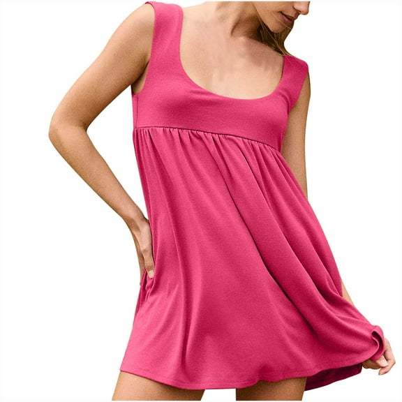 Mingw Womens Midi Dress Summer Sleeveless Babydoll for Women Classic Sundress Tiered Pleated Swing Flowy Loose Beach Casual Smocked ,XL,Hot Pink