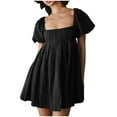 thumbnail image 1 of Mingw Womens Mini Dress Summer Cap Short Sleeve Square Neck Sweet Babydoll for Women Classic Sundress Tiered Pleated Swing Flowy Loose Beach Casual Smocked ,M,Black, 1 of 6