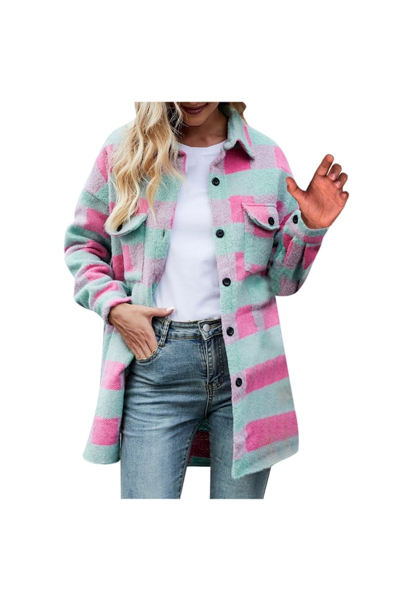 Womens Plaid Shacket Jacket Flannel Knitting Cotton Winter Clothing Woolen Coats,M