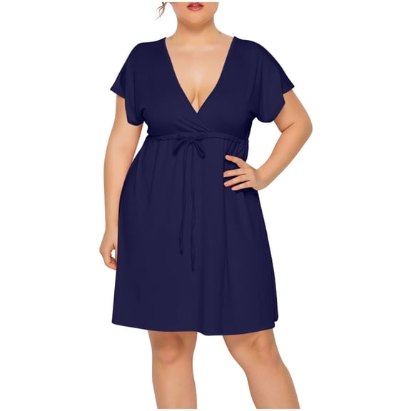 Mingw Womens Plus Size DressShort Sleeve Polo Shirt Dress Casual Ruffle Hem Solid Color Loose Mini Dresses XL