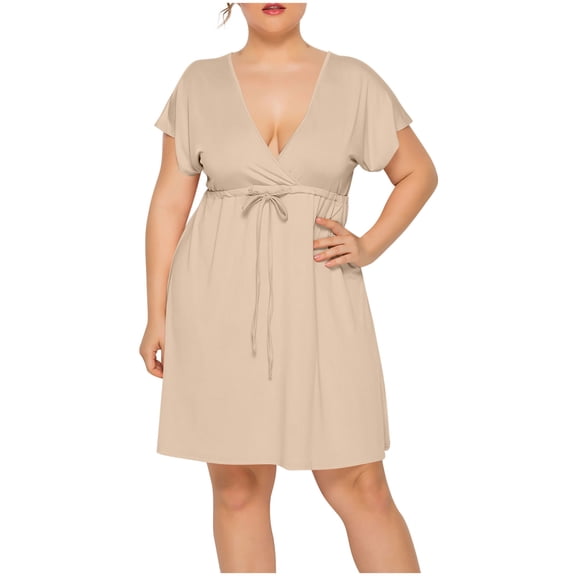Mingw Womens Plus Size DressShort Sleeve Polo Shirt Dress Casual Ruffle Hem Solid Color Loose Mini Dresses XL