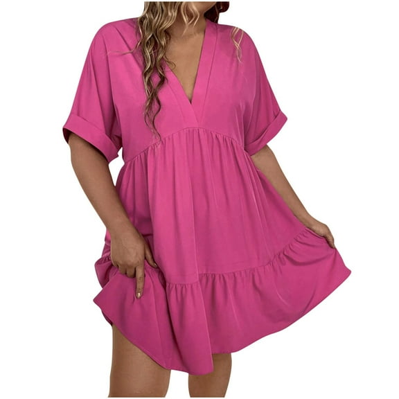 Mingw Womens Short Sleeve Mini Dress Summer Babydoll T Shirt Skirts for Women Classic Fit Timeless Sundress Tiered Pleated Swing Flowy Loose Beach Casual Smocked ,2XL,Hot Pink