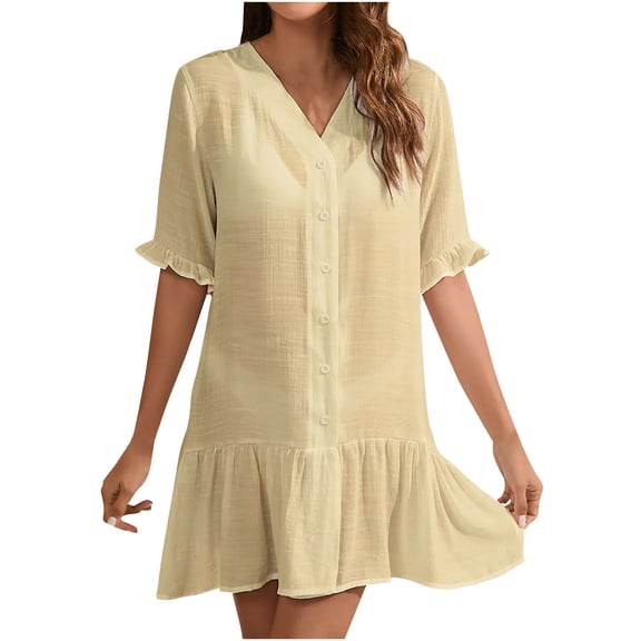 Mingw Womens Short Sleeve Mini Dress Summer Babydoll T Shirt Skirts for Women Classic Fit Timeless Sundress Tiered Pleated Swing Flowy Loose Beach Casual Smocked ,S,Beige