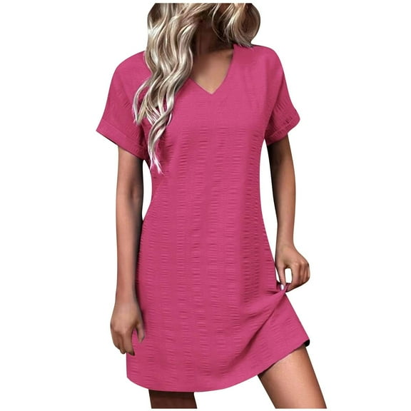 Mingw Womens Short Sleeve Mini Dress Summer Babydoll T Shirt Skirts for Women Classic Fit Timeless Sundress Tiered Pleated Swing Flowy Loose Beach Casual Smocked ,S,Hot Pink