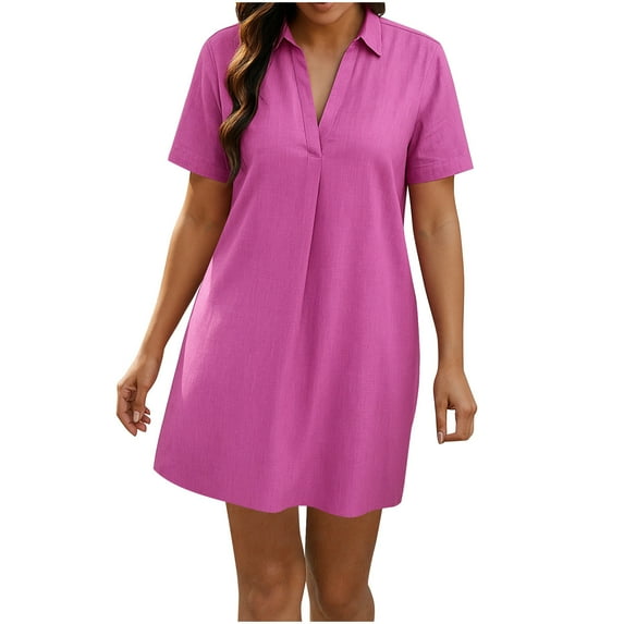 Mingw Womens Skirts DressShort Sleeve V Neck Shirt Dress Casual Ruffle Hem Vibrant Color Loose Mini Dresses S