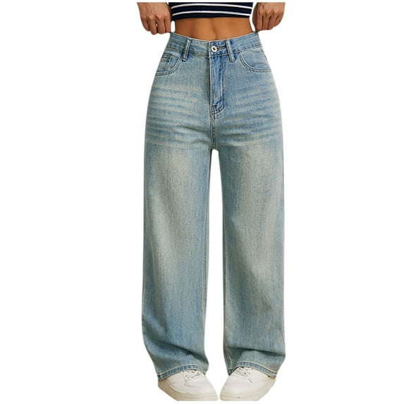 Mingw Womens Straight Jeans Wide Leg High Waisted Loose Stretchy Boyfriend Denim Pants Baggy Jeans for Women ,Light Blue,XS