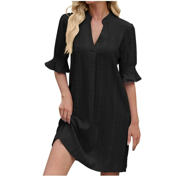 Mingw Womens Summer Casual T Shirt Dresses Ruffle Short Sleeve Swing Dress V Neck Elegant Skirts ,S,Black