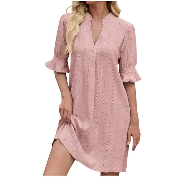 Mingw Womens Summer Casual T Shirt Dresses Ruffle Short Sleeve Swing Dress V Neck Elegant Skirts ,S,Pink