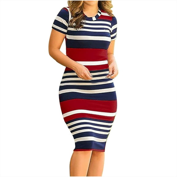 Mingw Womens Summer Color Block Dresses for Women Crewneck Short Sleeve T shirts Dress Ribbed Dresses Pinstriped for Everyday wear ,M,Red