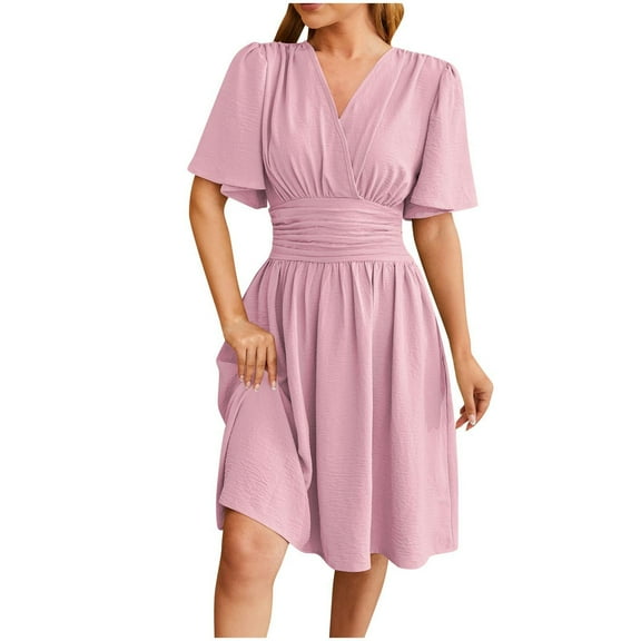 Mingw Womens Summer Dress for Women Short Sleeve Casual Dressy Waist Cinching Graduation Dresses Wedding Guest Dress ,XL,Pink