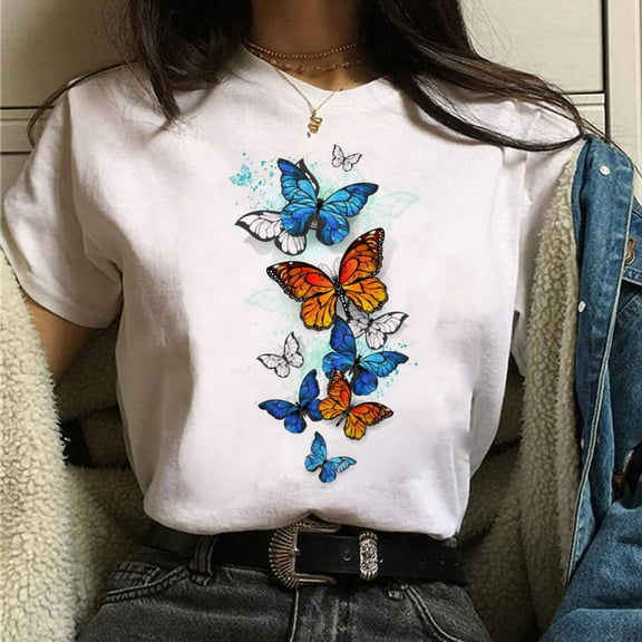 Mingw Womens Tops Summer T Shirt Casual Tee Butterfly Print 2025 Crewneck for Women Blouses