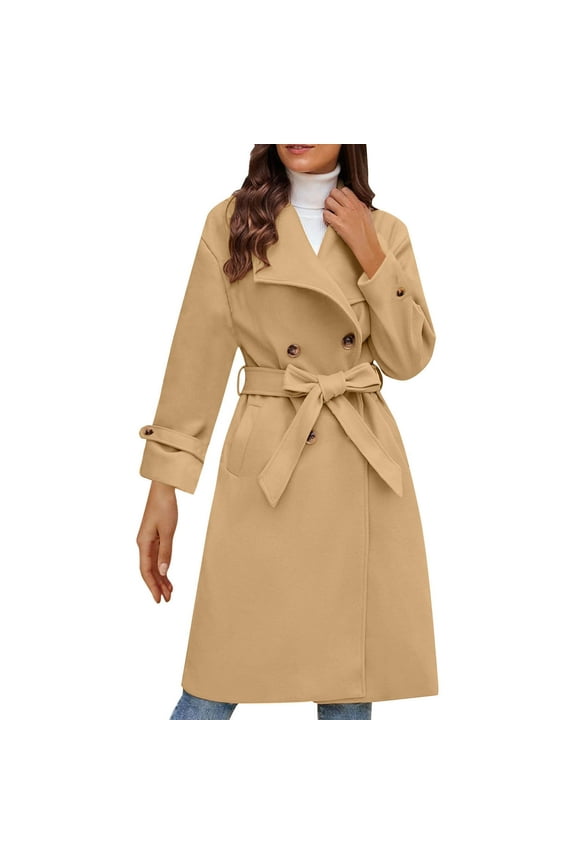 Womens Wool Coat Double Breasted Pea Coat Windproof Winter Trench Clothes Princess Coat with Belt ,2XL,Brown
