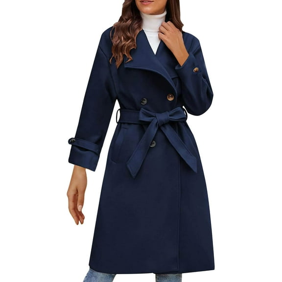 Mingw Womens Wool Coat Double Breasted Pea Coat Windproof Winter Trench Clothes Princess Coat with Belt ,S,Blue