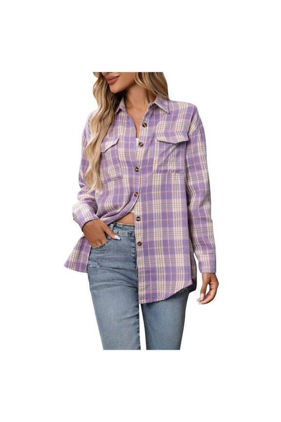 Womens and Ladies Flannel Plaid Shacket Long Sleeve Button Down Shirts Fall and Winter Jacket Cozy Retro Coats,Purple,M