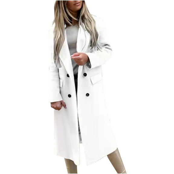 Mingw Wool Coat for Women Double Breasted Notch lapel slimming Pea Coats Windproof Heated Trench Clothing,M,White