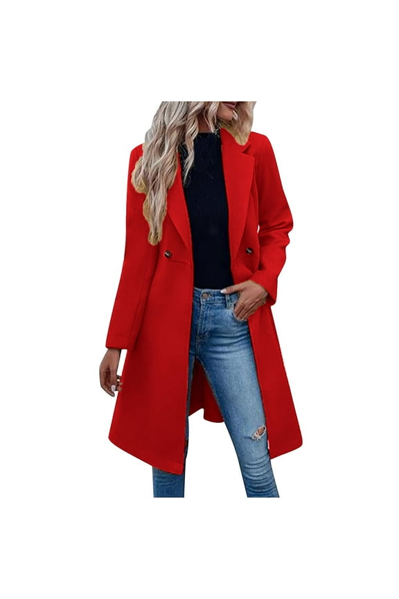 Wool Coat for Women Fitted Mid Length Winter Trench Coat Windproof Thermal Heated Overcoat,M,Red