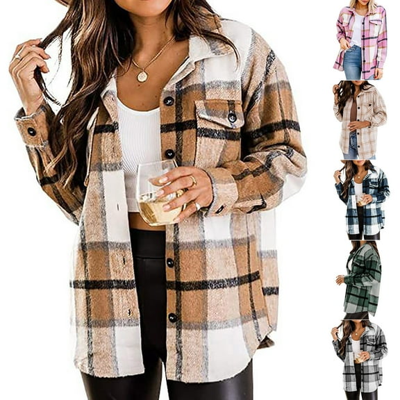 Mingw Wool Shacket Jacket for Women Plaid Button Down Lapel Coats with Chest Pockets,M
