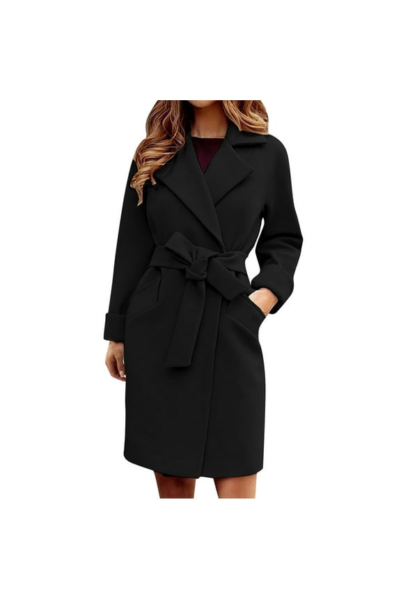 Wrap Coat for Women Classic Fit Winter Wool Blend Coat Notched Collar Trench Coat with Belt,L,Black