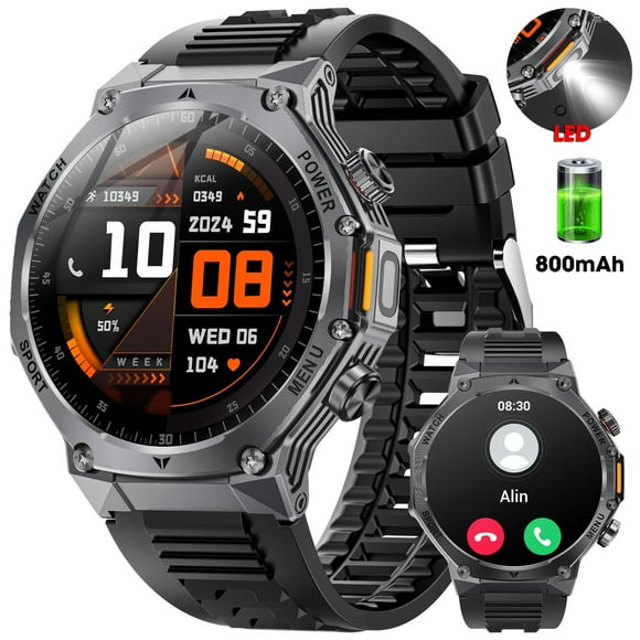 Mingwear 1.8-inch Military Men's Smartwatch fits for Android IPhone Devices with Fitness Tracker, Answer/Call/100 Multi-Sport Mode, IP67 Waterproof Sports Step Tracker (Black)