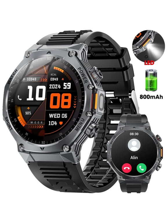 1.8-inch Military Men's Smartwatch fits for Android IPhone Devices with Fitness Tracker, Answer/Call/100 Multi-Sport Mode, IP67 Waterproof Sports Step Tracker (Black)