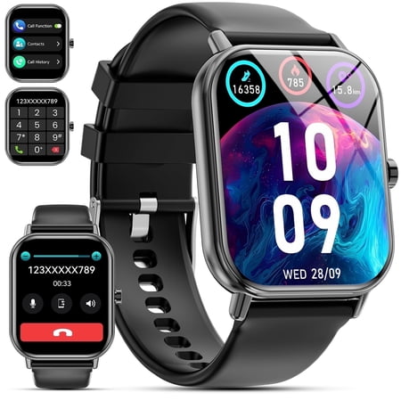 Mingwear 1.85-Inch Men's and Women's smartwatch fits for Android and iPhone Devices with Fitness Tracker, Pedometer, Answer/Call/120 Sport Modes, IP68 Waterproof Fitness Watch(black)