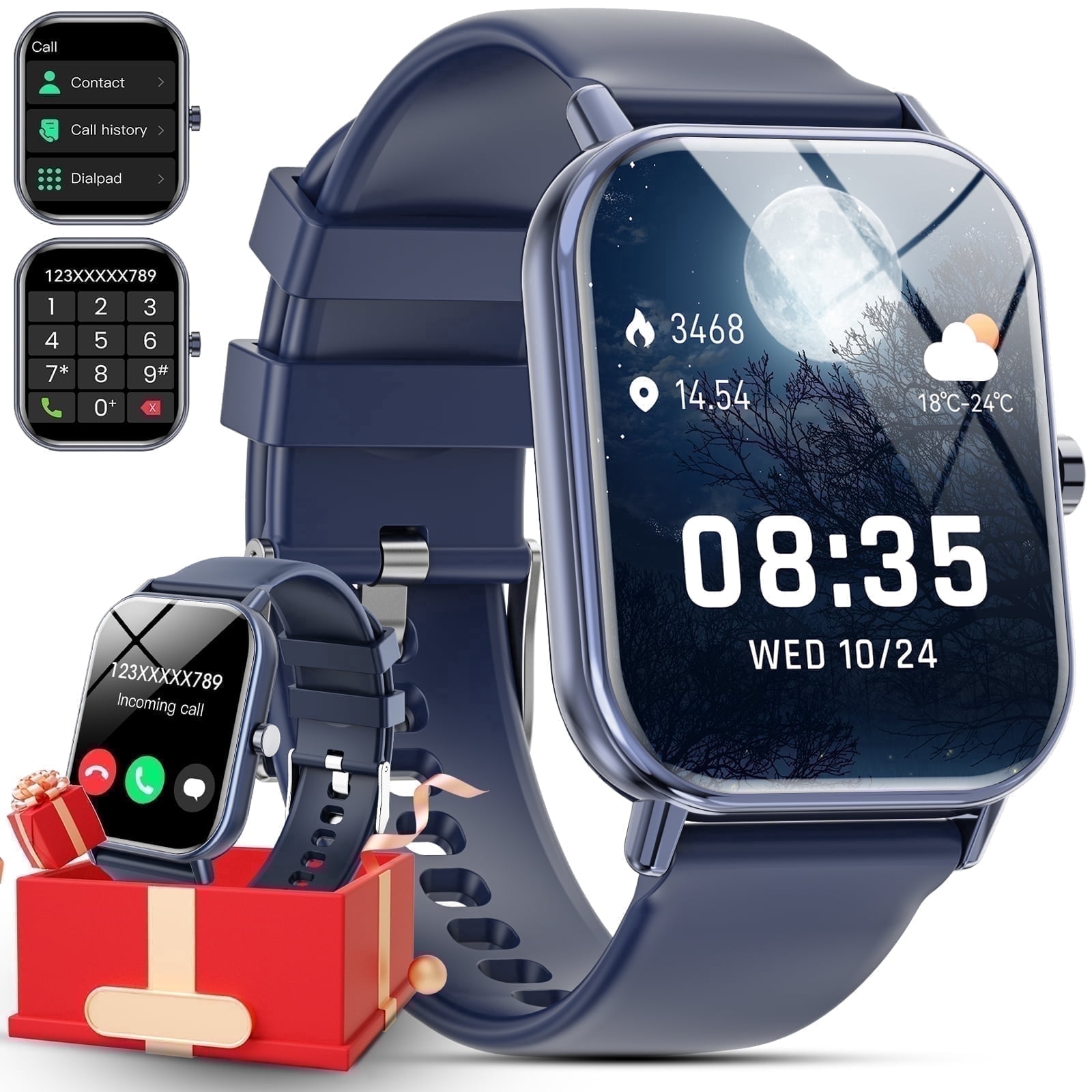 Mingwear 1.85-Inch Men's and Women's smartwatch fits for Android and iPhone Devices with Fitness Tracker, Pedometer, Answer/Call/120 Sport Modes, IP68 Waterproof Fitness Watch (blue)