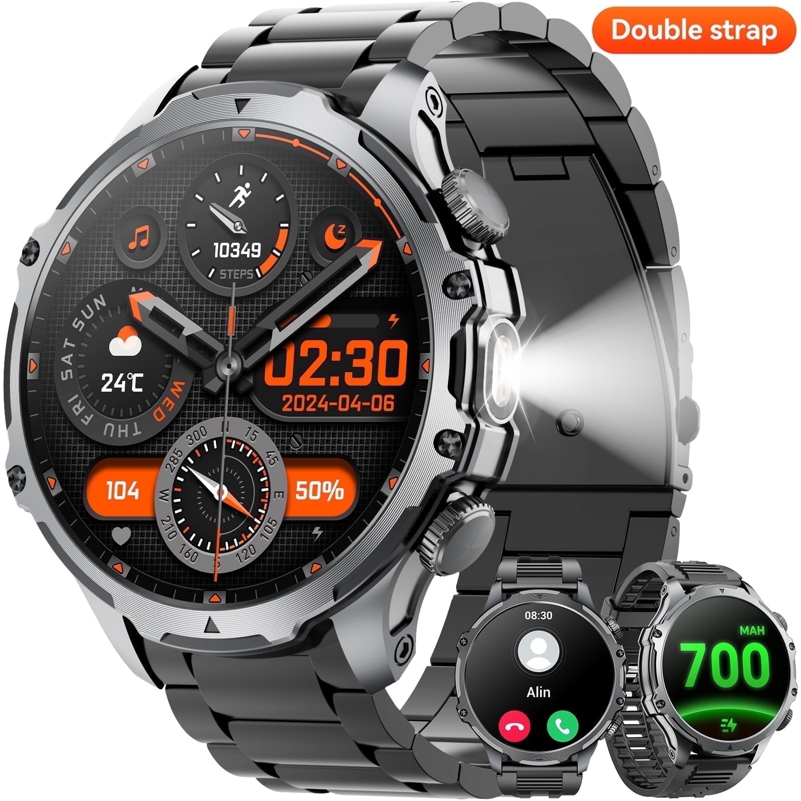 MINGWEAR 1.85-inch Military Men's Smartwatch fits for Android IPhone Devices with Fitness Tracker, Answer/Call/100 Multi-Sport Mode, IP67 Waterproof Sports Step Tracker (Black)