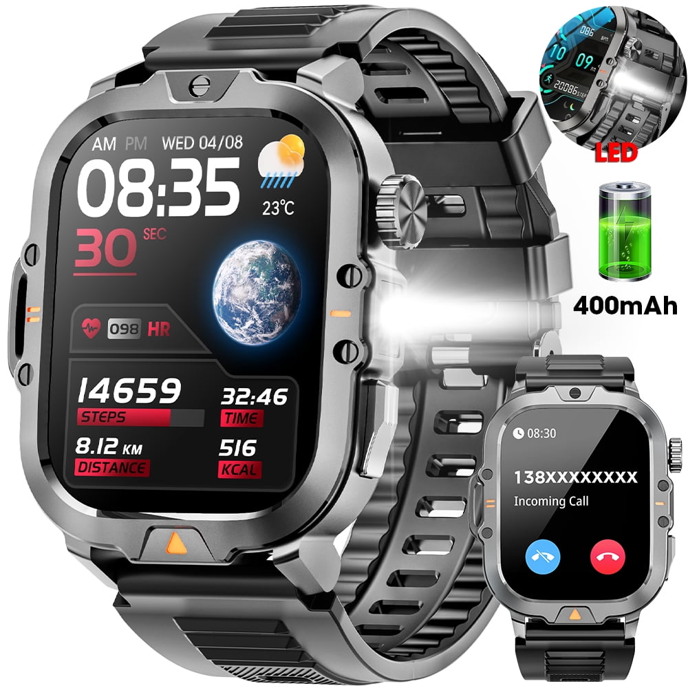 Mingwear 2.01-inch Military Smartwatch for Men with Fitness Tracker, Answer/Make Calls/100+ Sport Modes, IP68 Waterproof, Hiking Travel Pedometer Watch compatible with Android IPhone Devices (Black)