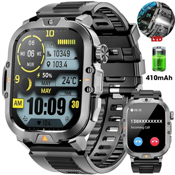 Mingwear 2.01-inch Military Smartwatch for Men with Fitness Tracker, Answer/Make Calls/100+ Sport Modes, IP68 Waterproof, Hiking Travel Pedometer Watch compatible with Android IPhone Devices (Black)
