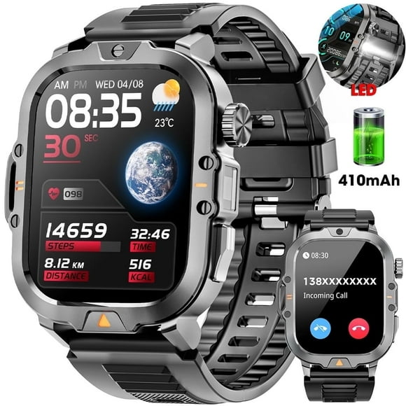 Mingwear 2.01-inch Military Smartwatch for Men with Fitness Tracker, Answer/Make Calls/100+ Sport Modes, IP68 Waterproof, Hiking Travel Pedometer Watch compatible with Android IPhone Devices (Black)