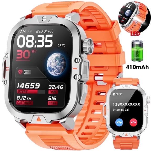 2.01-inch Military Smartwatch for Men with Fitness Tracker, Answer/Call/100+ Sport Modes, IP68 Waterproof, Hiking Travel Pedometer Watch compatible with Android Iphone Devices (Orange)