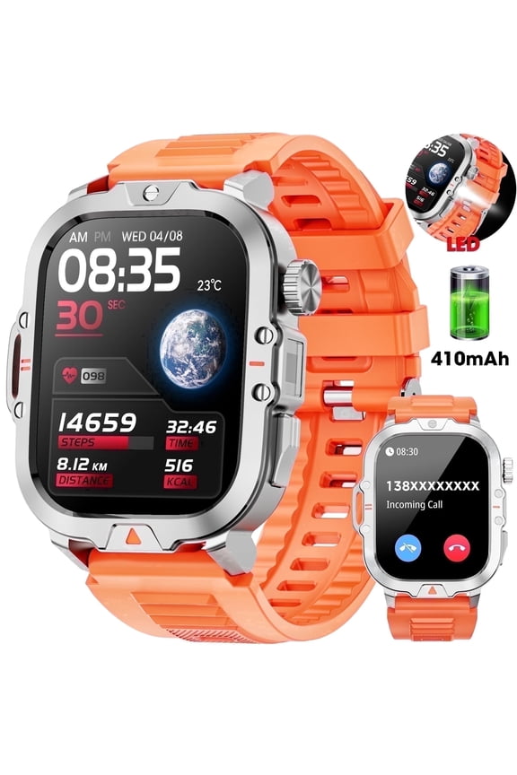 2.01-inch Military Smartwatch for Men with Fitness Tracker, Answer/Call/100+ Sport Modes, IP68 Waterproof, Hiking Travel Pedometer Watch compatible with Android Iphone Devices (Orange)