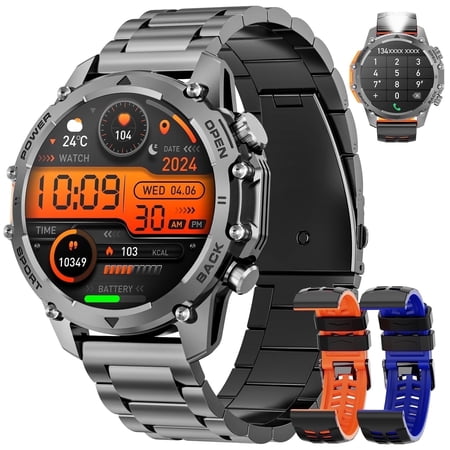 Mingwear 1.52-inch Men's Military smartwatch fits for Android and IPhone Devices with Fitness Tracker, Mountaineering/Talking/Hiking/100 Multi-Sport Mode, IP67 Waterproof Fitness Watch (Black)